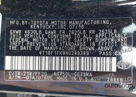 2017 Toyota Camry Se z USA, uszkodzony, nr VIN 4T1BF1FK8HU289389